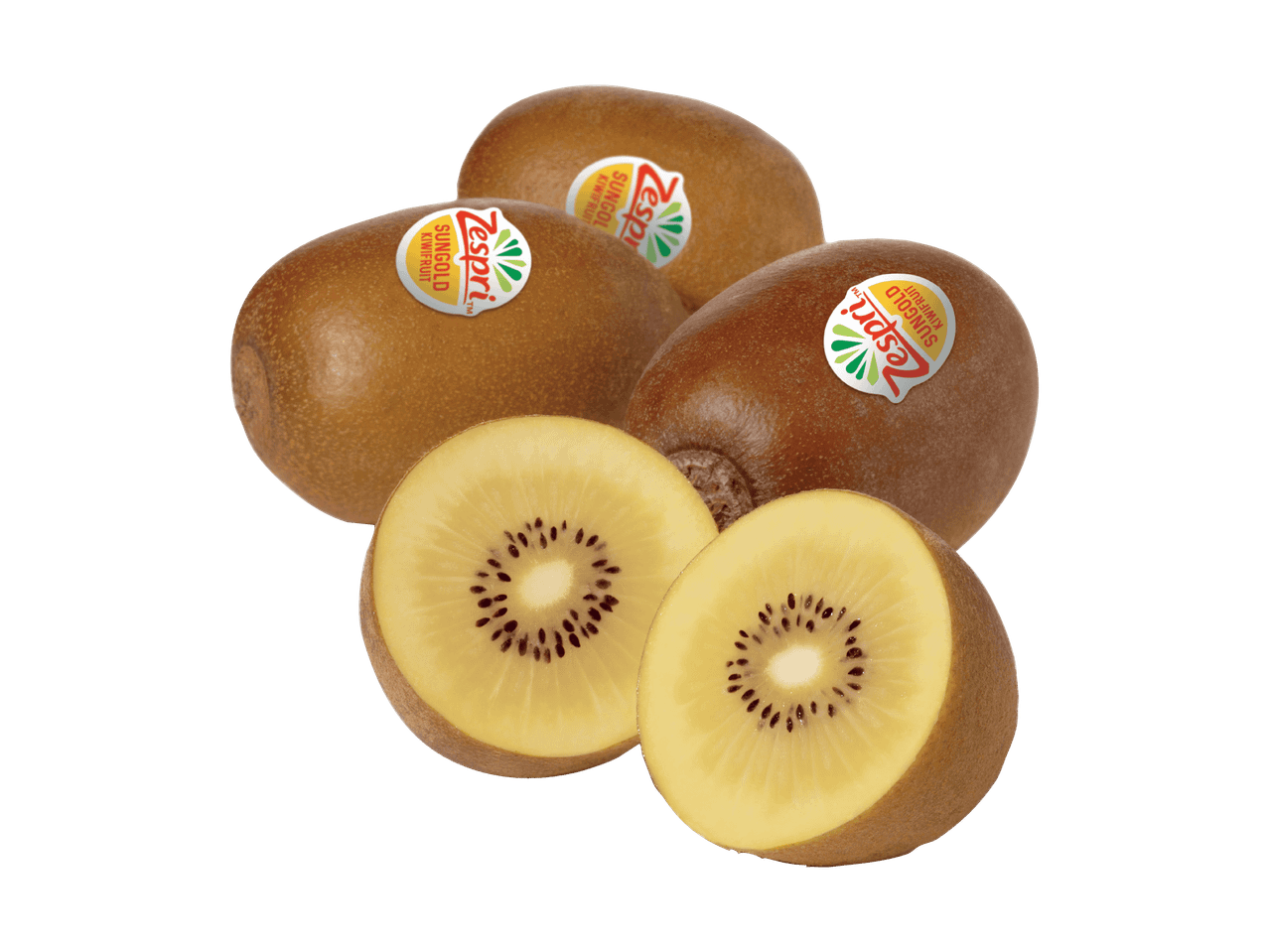 Zespri SunGold Kiwis, einige ganz und zwei halbiert, auf schwarzem Hintergrund.