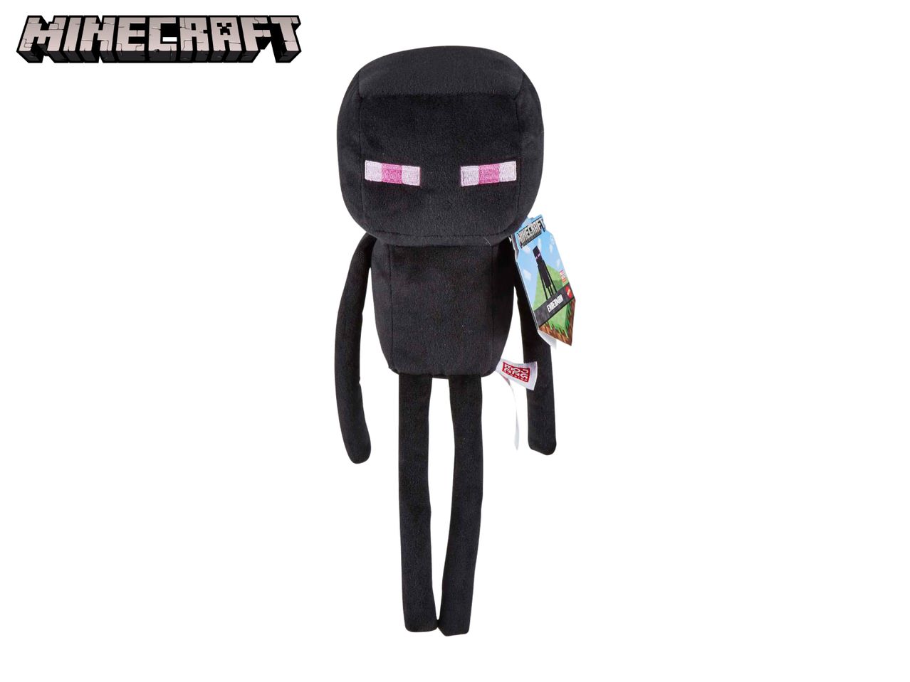 Minecraft Enderman plush toy with game logo and product tag.