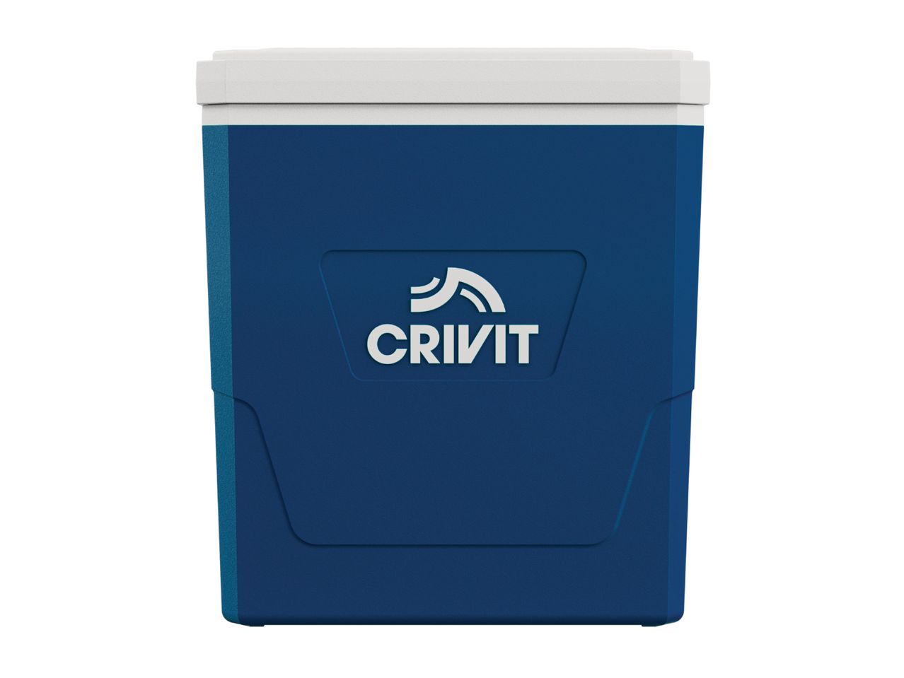 A Crivit blue cooler with a white lid.