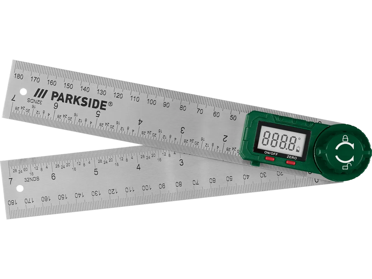 Parkside digitalni merilnik kotov in ravnilo na črnem ozadju.
