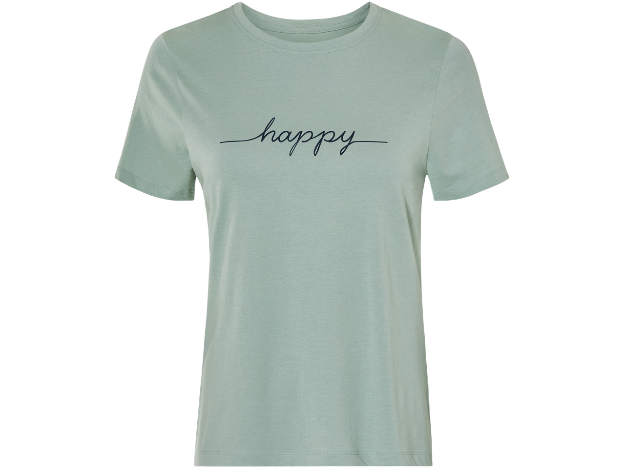 Šviesiai žalsvi marškinėliai moterims su užrašu 'Happy'.