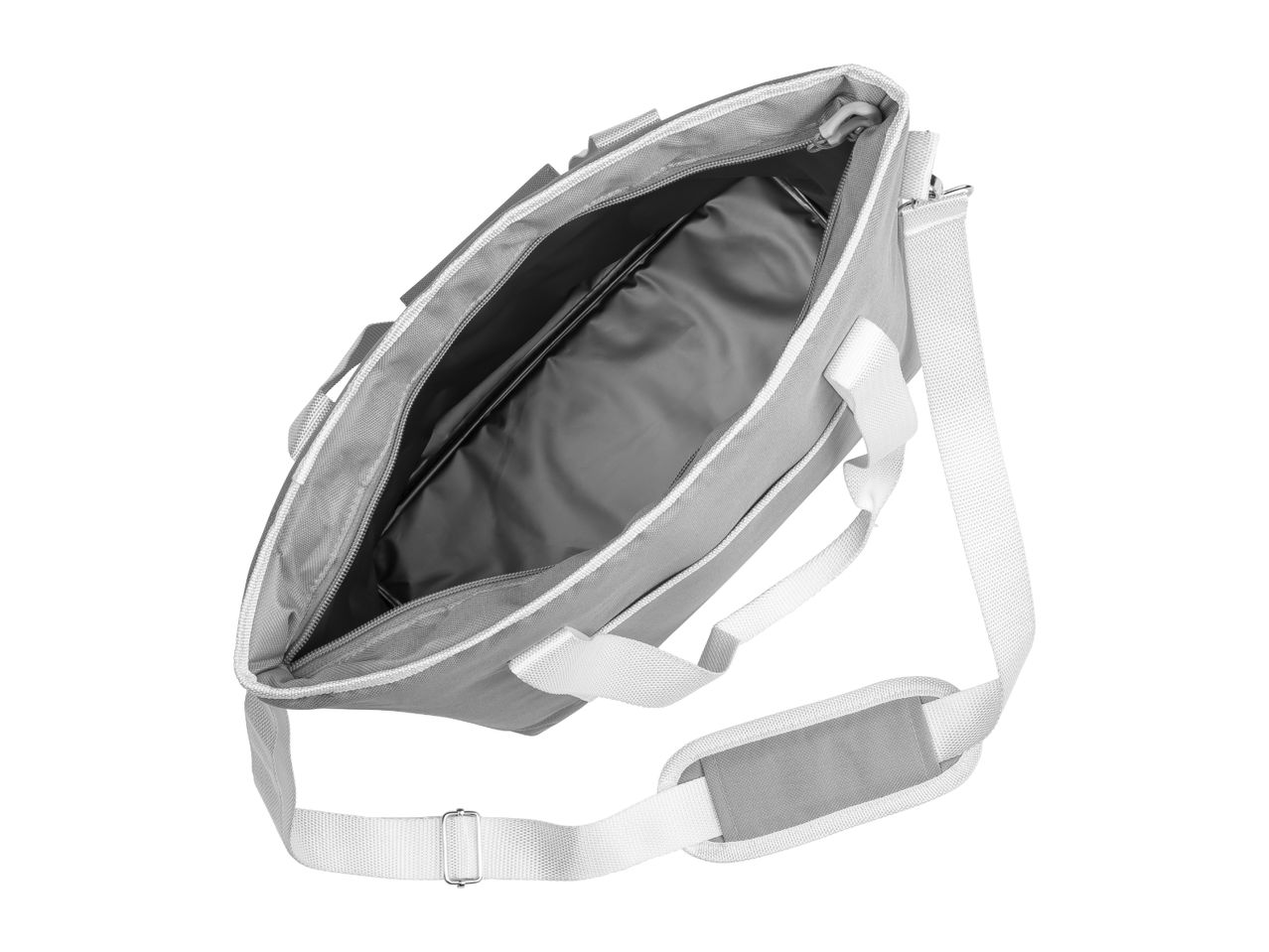Open grey cooler bag with a black interior and a white adjustable shoulder strap.
