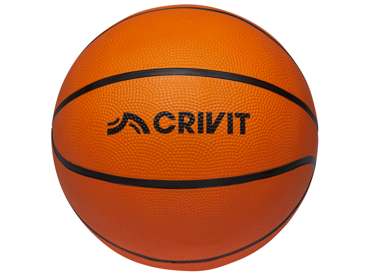 An orange CRIVIT basketball with black stripes, isolated on a black background.