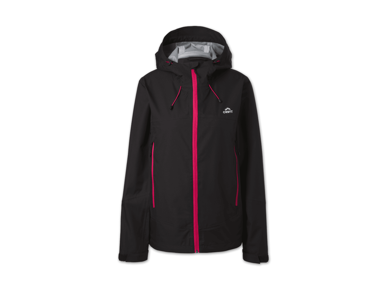 Schwarze Outdoor-Jacke mit pinken Reißverschlüssen und Kapuze