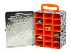 Open metal toy car carrying case with orange compartments and several toy cars inside.