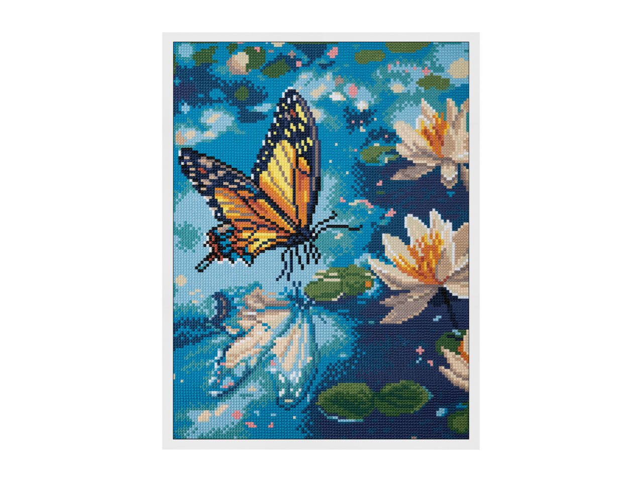 Diamond painting kit featuring a monarch butterfly and water lilies on a blue background.