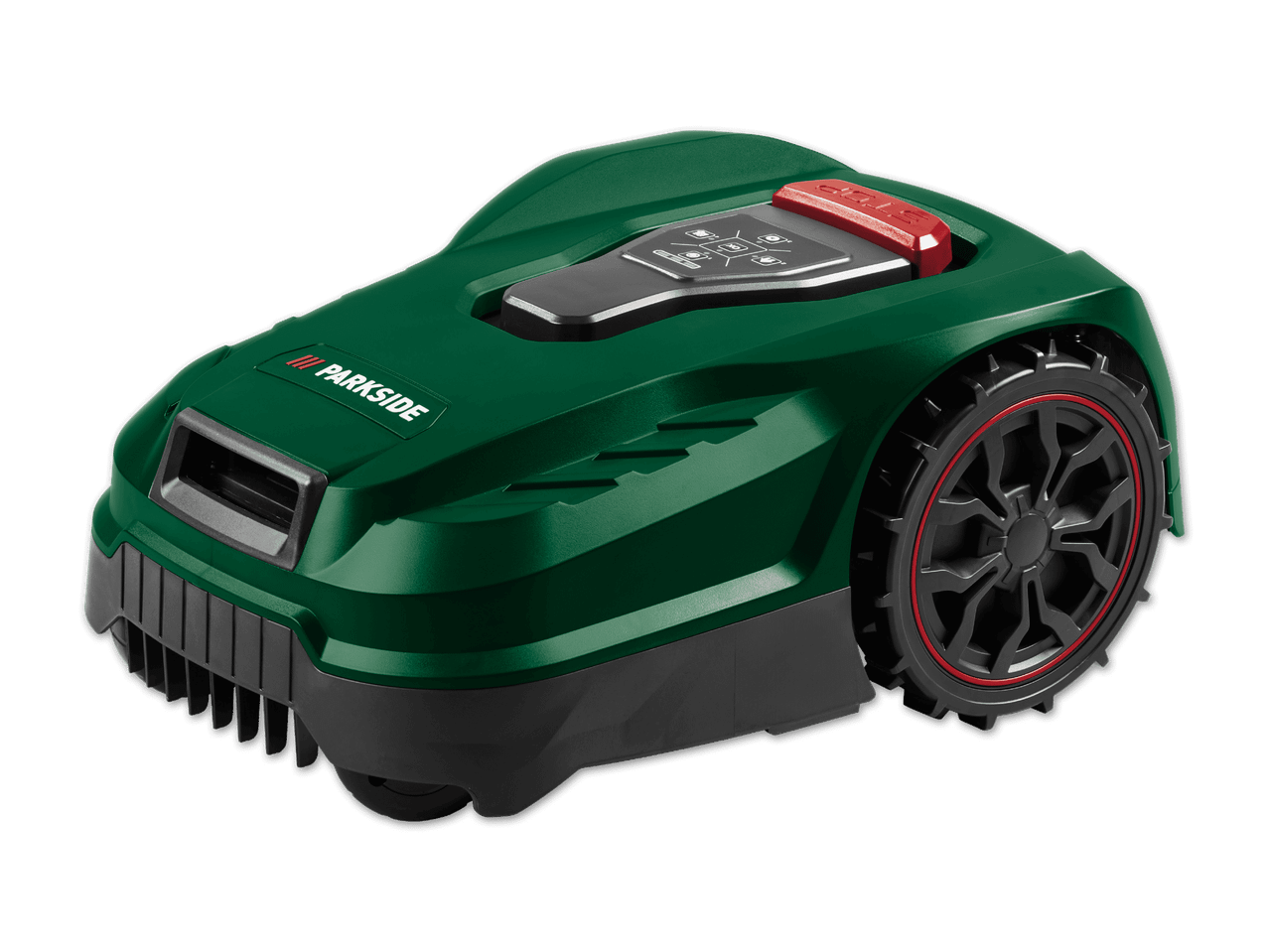 Grüner Mähroboter mit schwarzem Bedienfeld und roten Akzenten