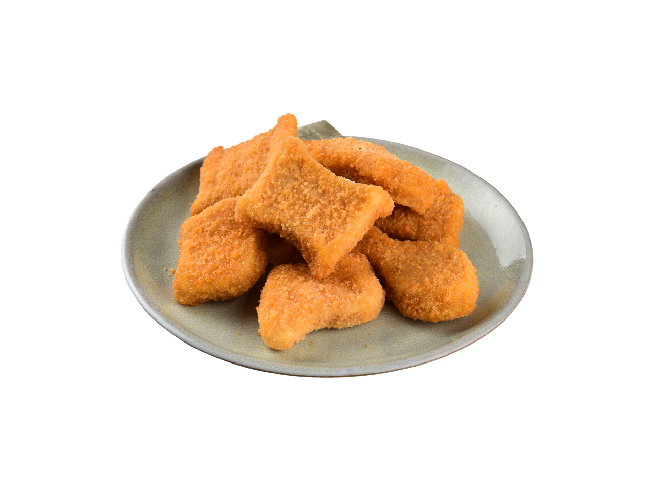 Um prato de nuggets de frango dourados e panados.