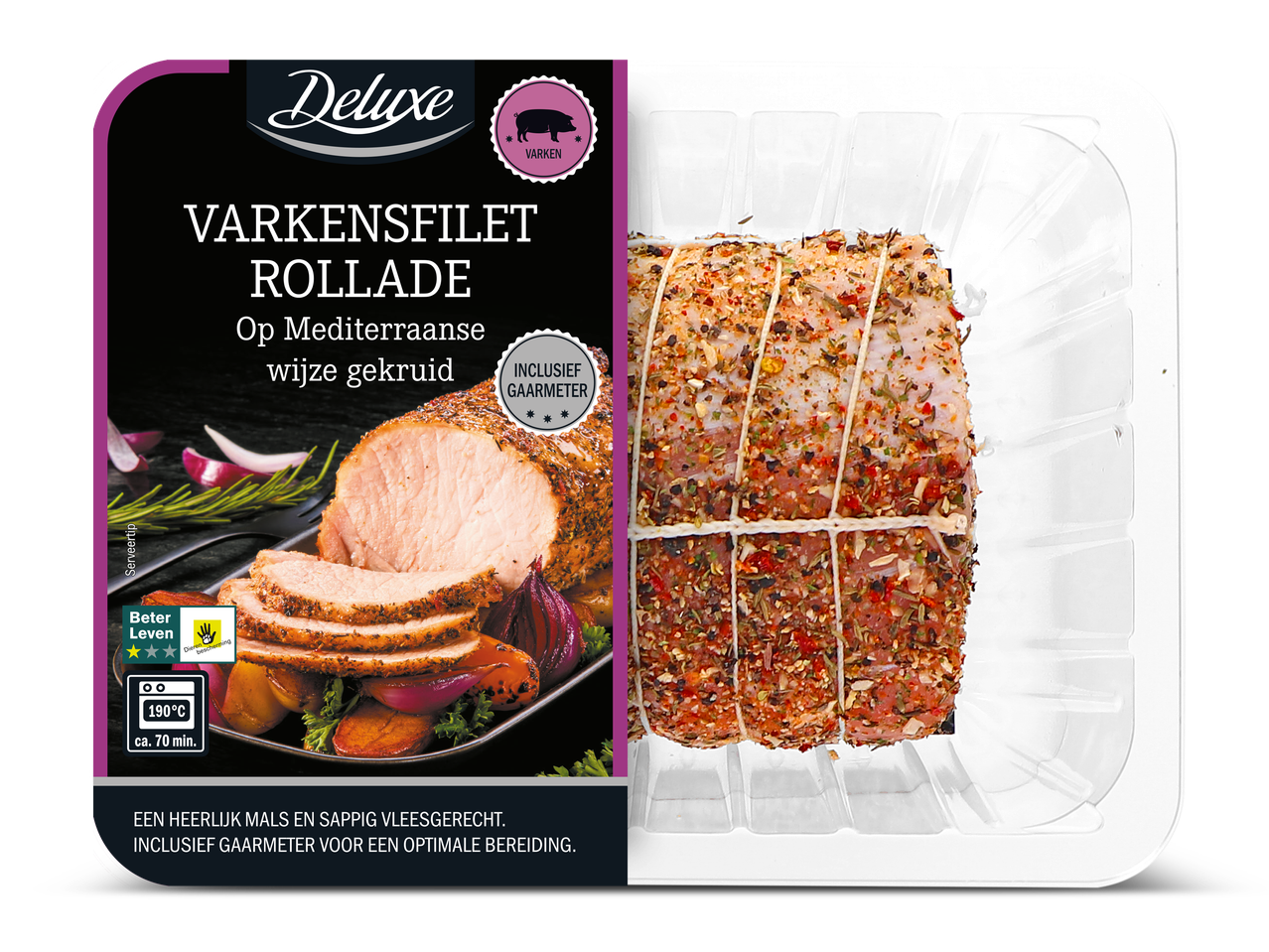 Deluxe Varkensfiletrollade, op Mediterrane wijze gekruid, inclusief gaarmeter.