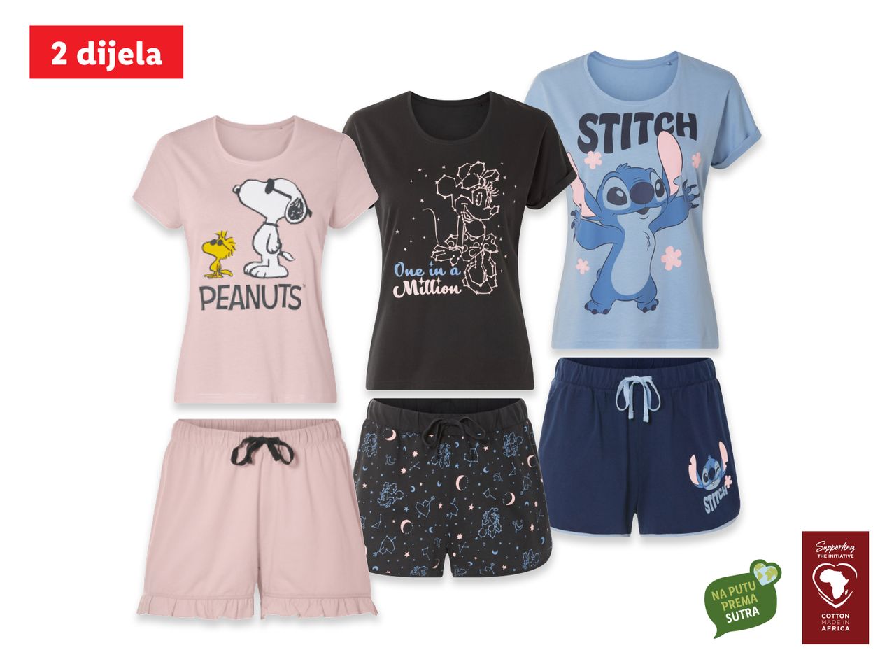 Setovi pidžama s likovima iz crtića Snoopy, Stitch i drugi.