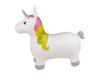 White inflatable unicorn toy with a pink, yellow, and green mane and tail