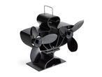 Black dual-blade heat powered stove fan with a carrying handle