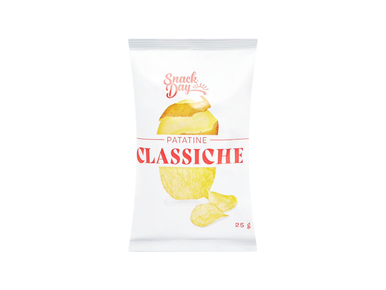 Una busta bianca di patatine Snack Day Classiche con patatine fritte e una patata sbucciata.