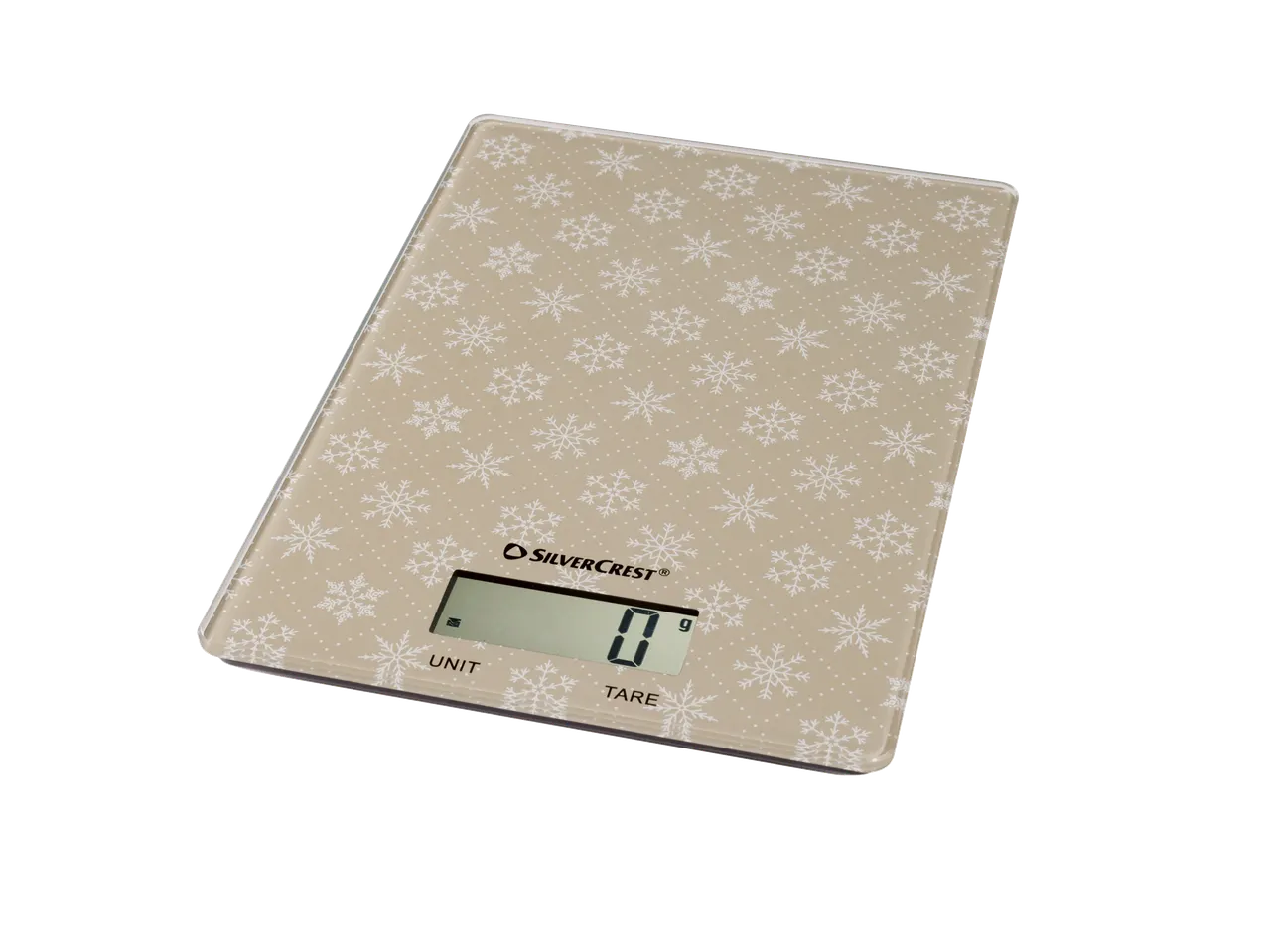SILVERCREST® digital kitchen scales with a snowflake pattern, displaying '0 g'.