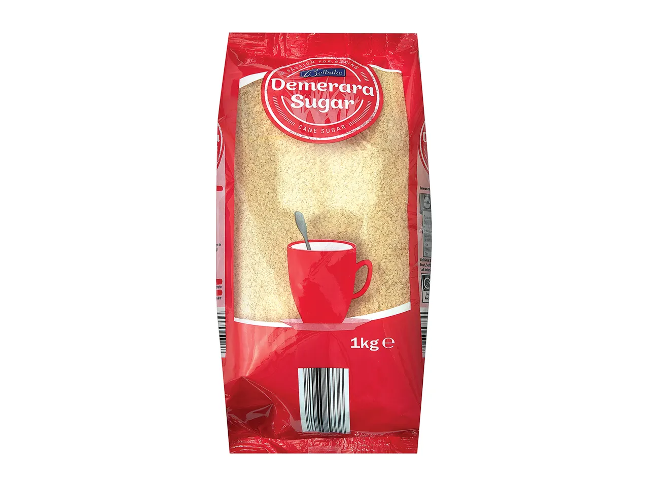 1kg Belbake Demerara sugar in red packaging.