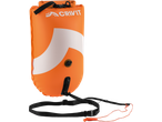 Orange swimming buoy with a white stripe, black straps, and a whistle.