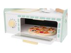 Wooden toy kitchen with an oven, a pizza, and cooking utensils