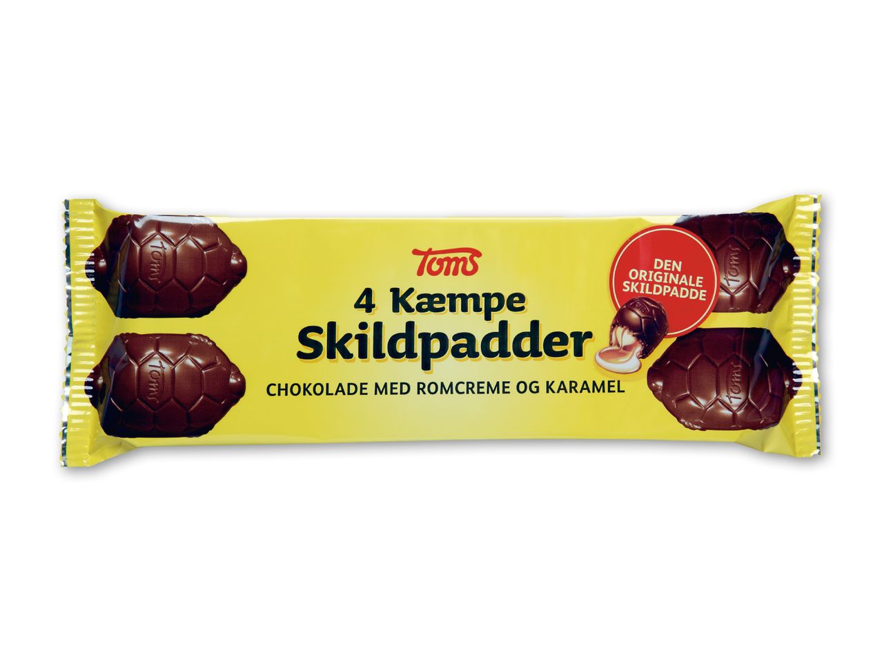Gul indpakning med fire chokoladeskildpadder med romcreme og karamel.