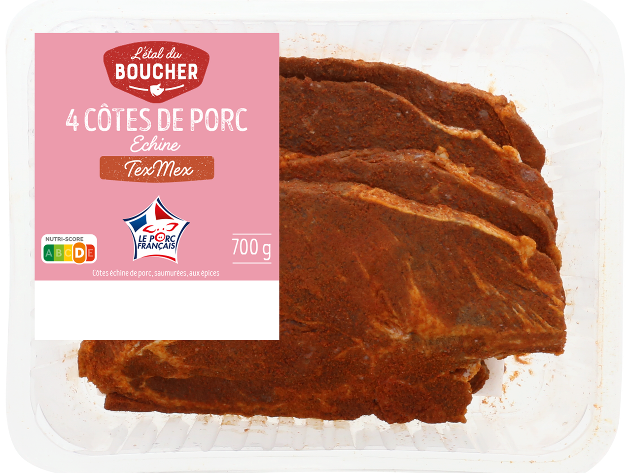 4 côtes de porc échine Tex Mex, 700g, avec Nutri-Score A et label Le Porc French.