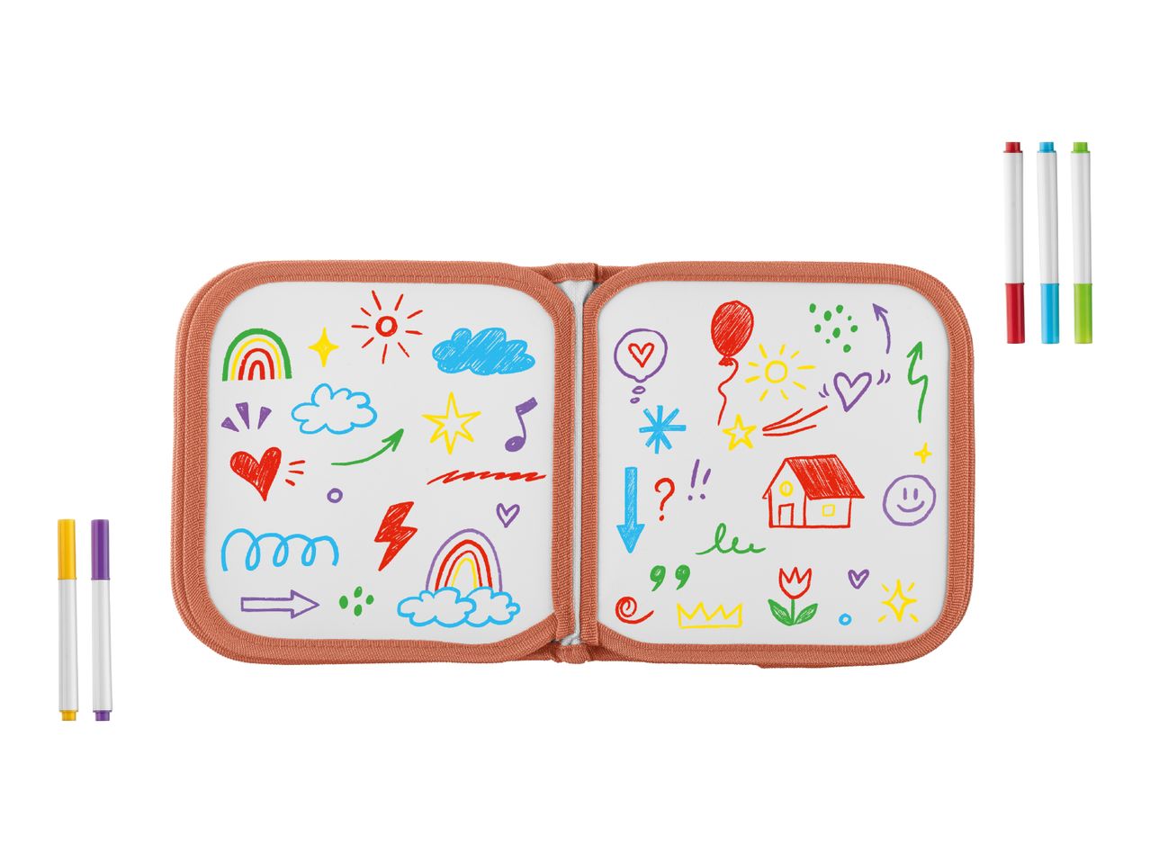 Open drawing board with colorful doodles and markers on a white background.