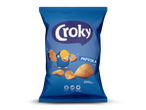 Een blauwe zak chips met een cartoonvogel die chips vasthoudt, met de smaak paprika.