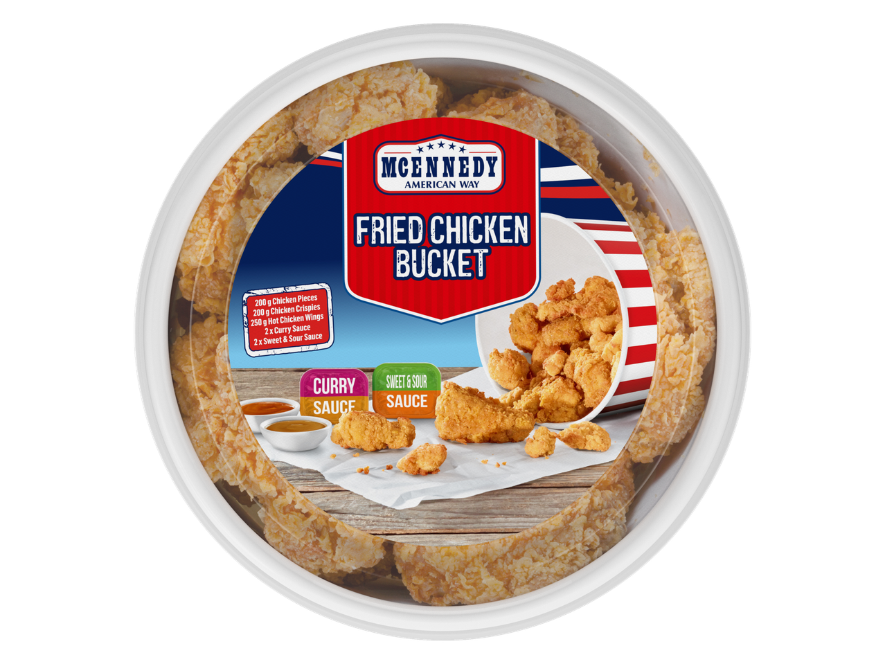 McEnnedy Fried Chicken Bucket with chicken pieces, crispies, hot wings, and sauces.