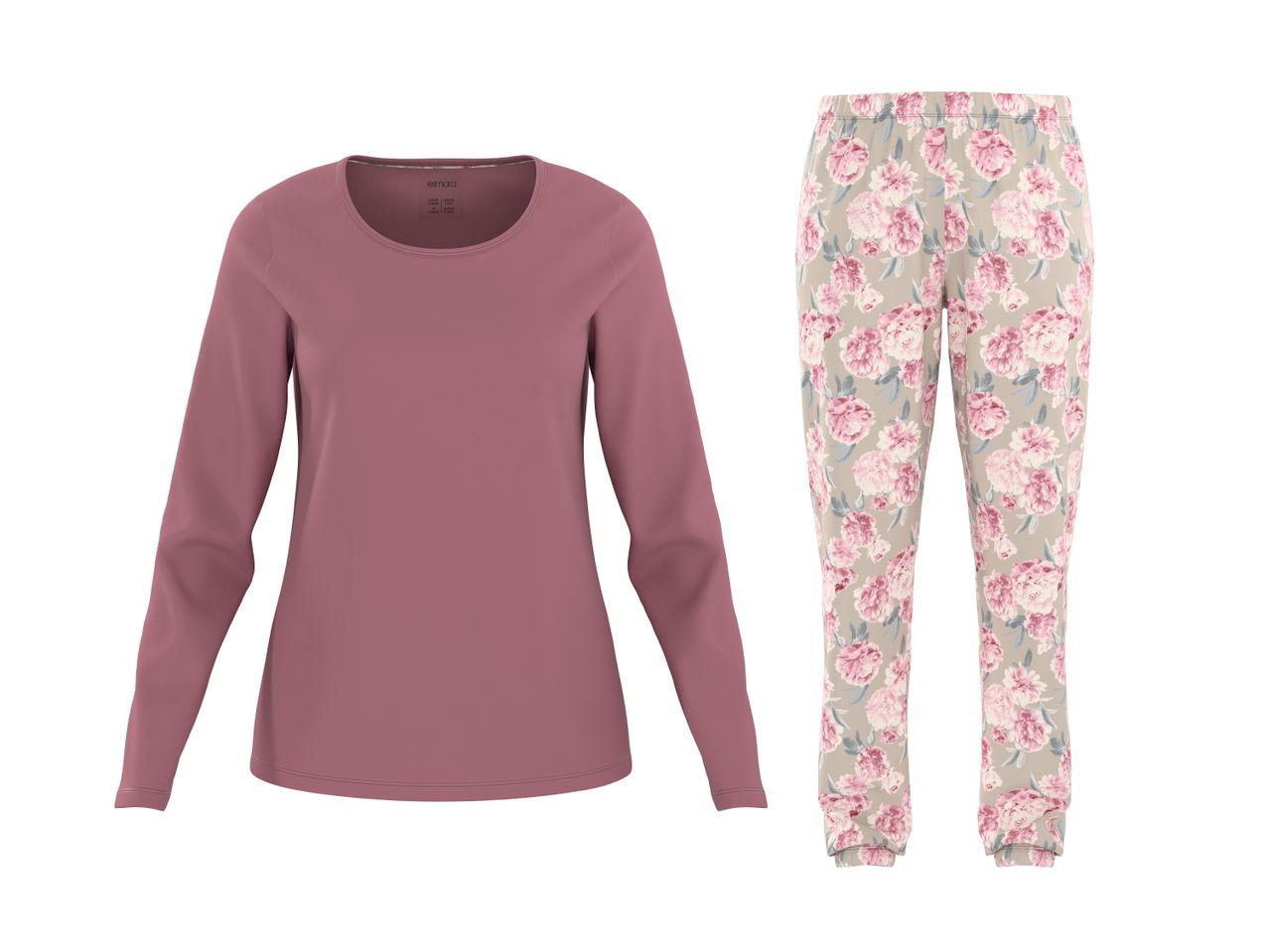 Pigiama da donna con maglia a maniche lunghe rosa e pantaloni a fantasia floreale.