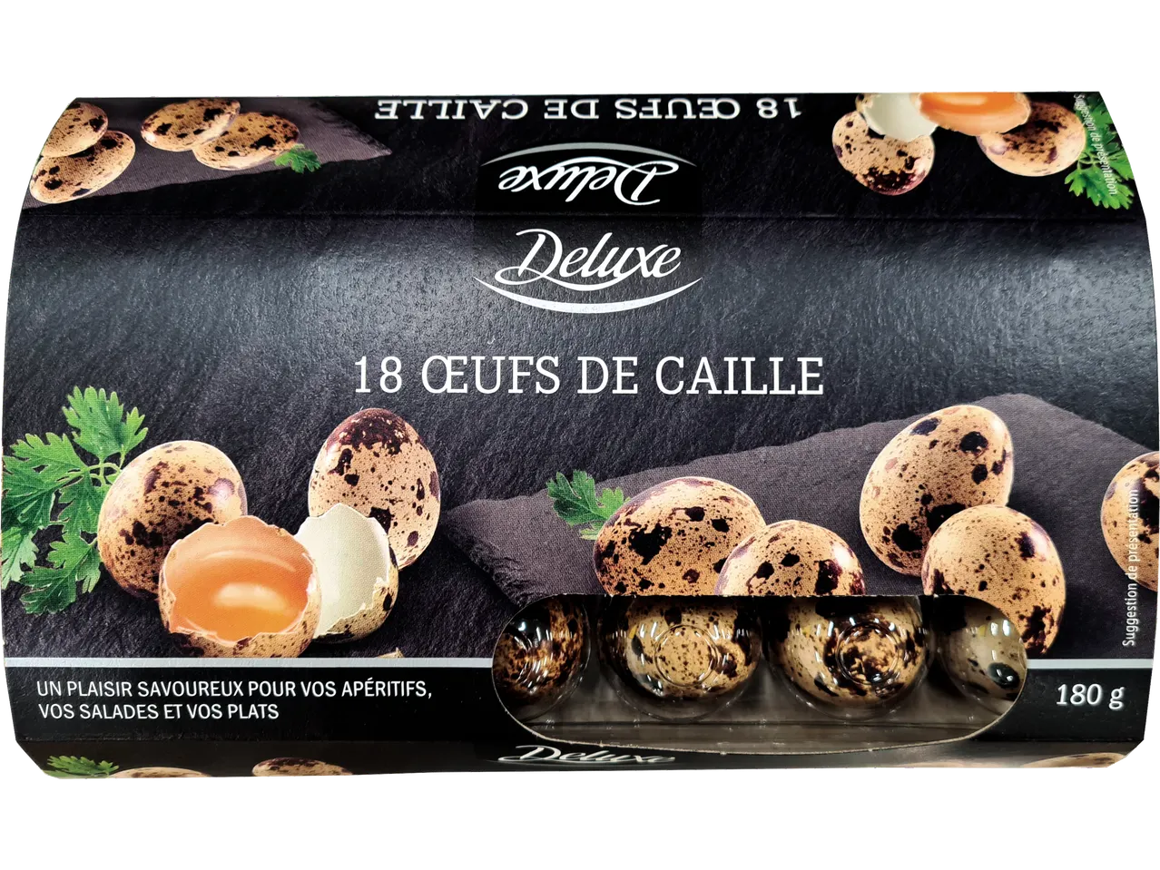 Deluxe 18 œufs de caille dans leur emballage, certains cassés montrant le jaune.