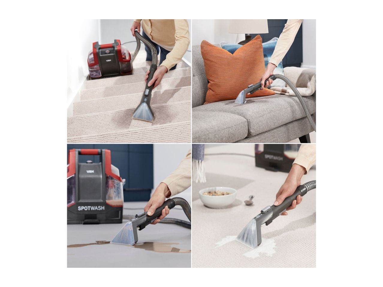 Vax SpotWash cleaning various surfaces like stairs, sofa, and floor from spills.