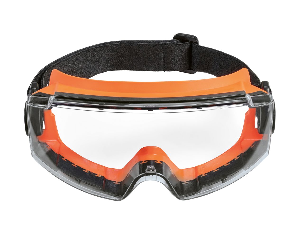 Orange and clear safety goggles with a black elastic strap.