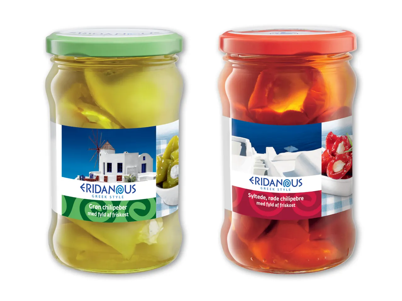 To glas med Aglanthia-konserves: grønne og røde pebre.
