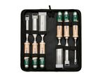 A set of six wood chisels in a black zippered case, with various sizes from 6mm to 35mm.