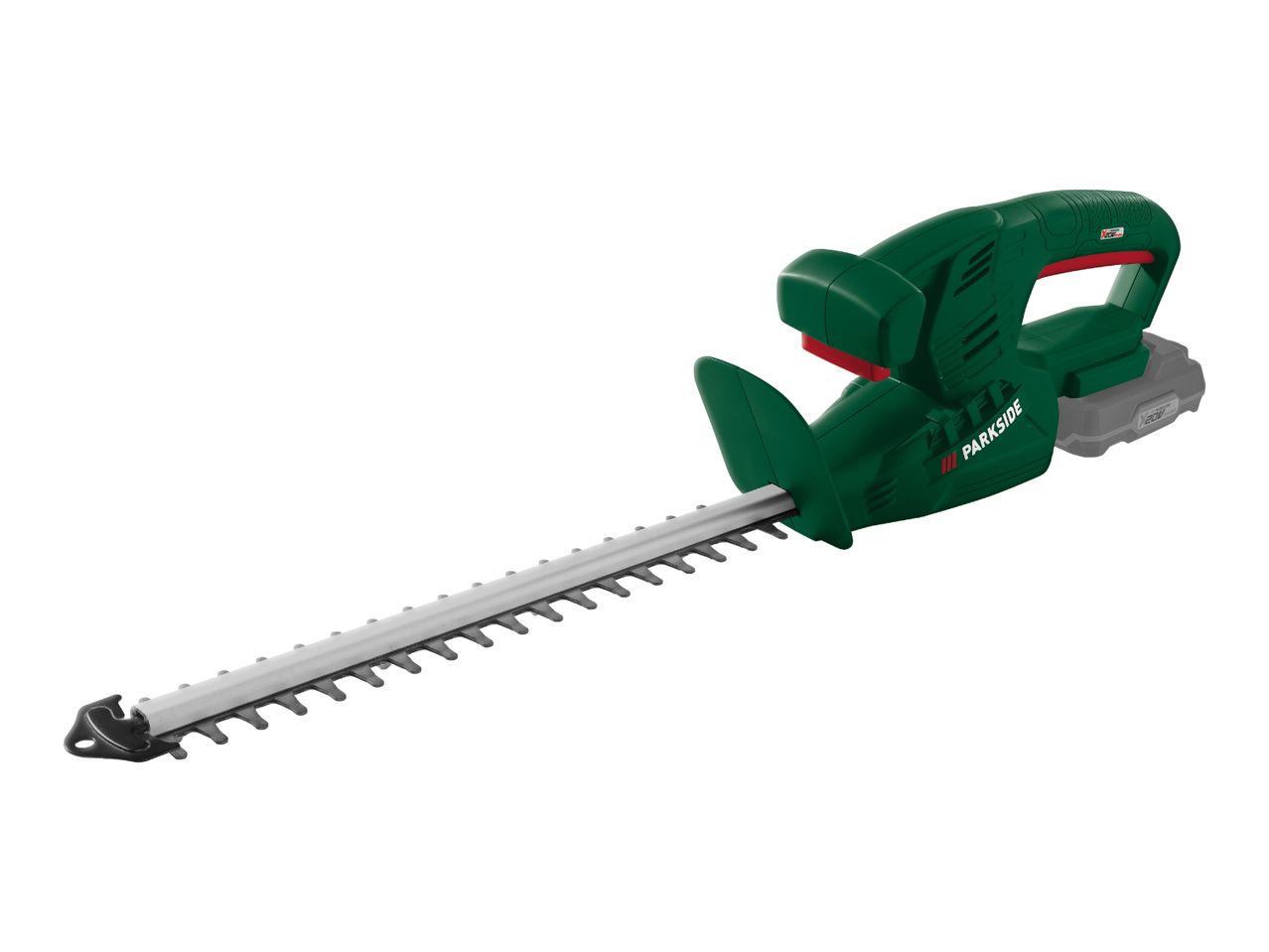 Cordless hedge trimmer with a long blade and a green and black body, powered by a battery.