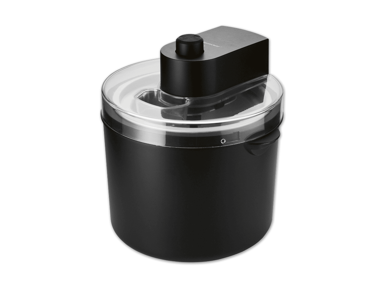 Schwarze Eismaschine mit transparentem Deckel und schwarzem Motorblock.