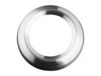 A brushed metal ring with a circular opening in the center, isolated on a white background.