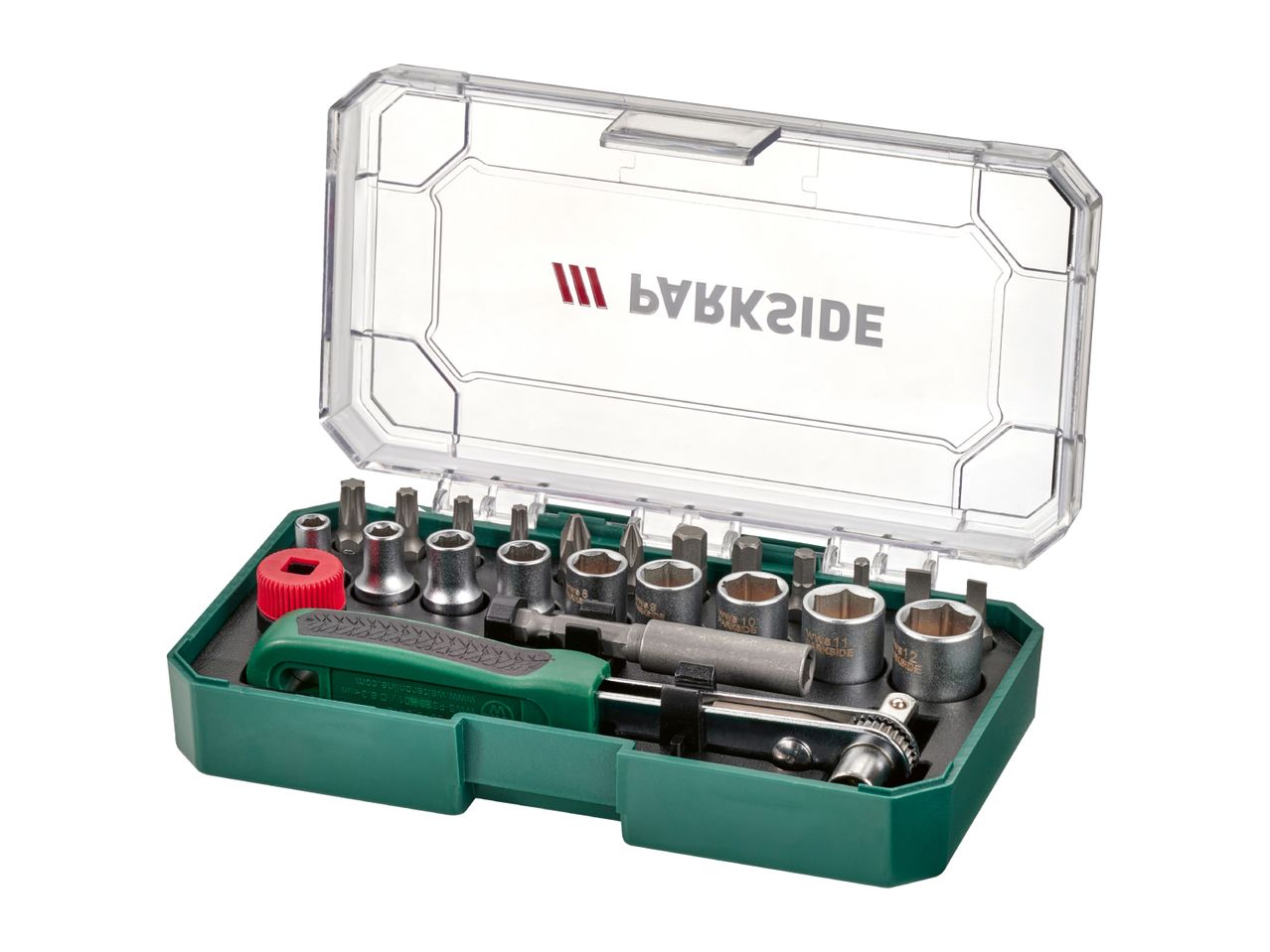 A Parkside screwdriver and socket set in a green and clear plastic case.
