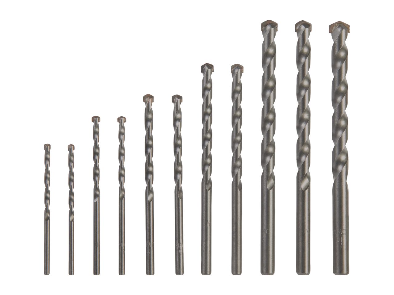 A set of various sizes of masonry drill bits arranged in increasing order of length and diameter.