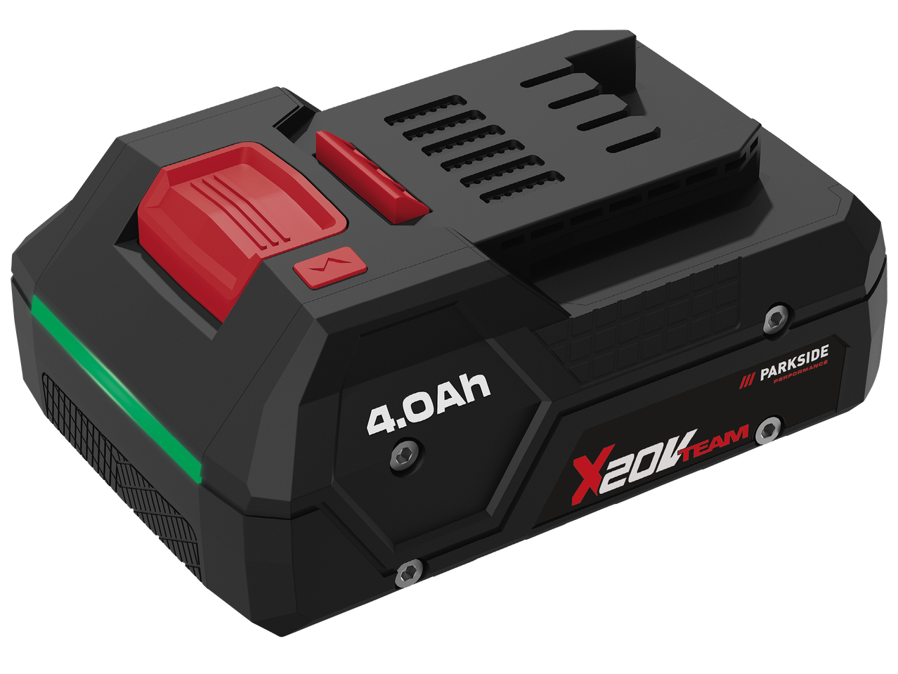 Черна батерия за електроинструменти с червени акценти, зелена светлинна лента и надпис „4.0Ah X20V Team“.
