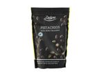 Deluxe Pistachios with Milk Chocolate, a black bag of chocolate-covered pistachios.