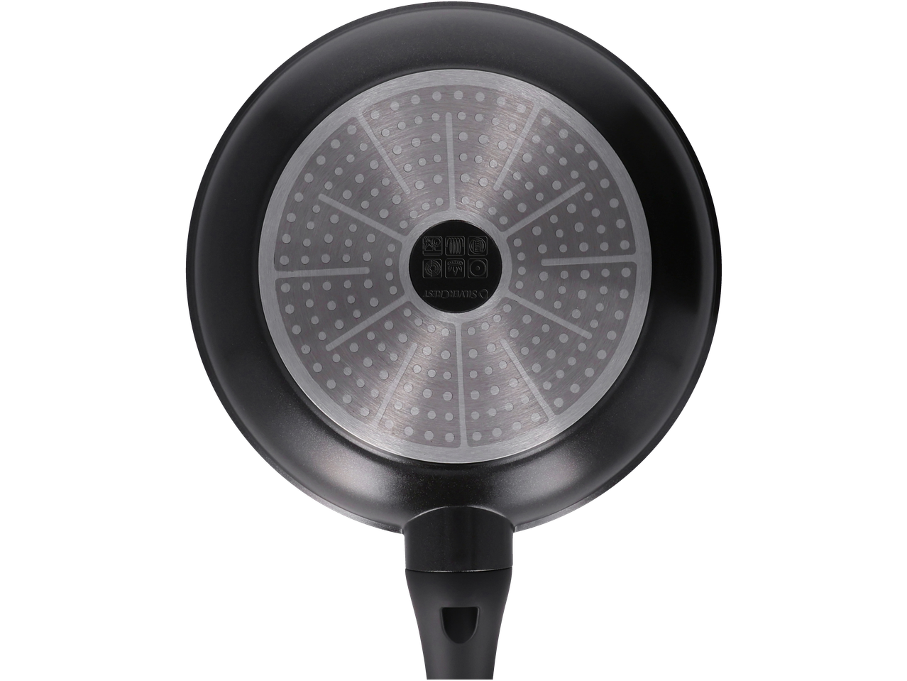 Bottom of a SILVERCREST® Cast Aluminium Frying Pan with induction base and symbols.