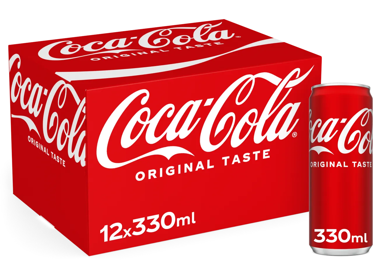 Coca-Cola Regular 12x330ml pack and a single 330ml can, both with 'Original Taste'.