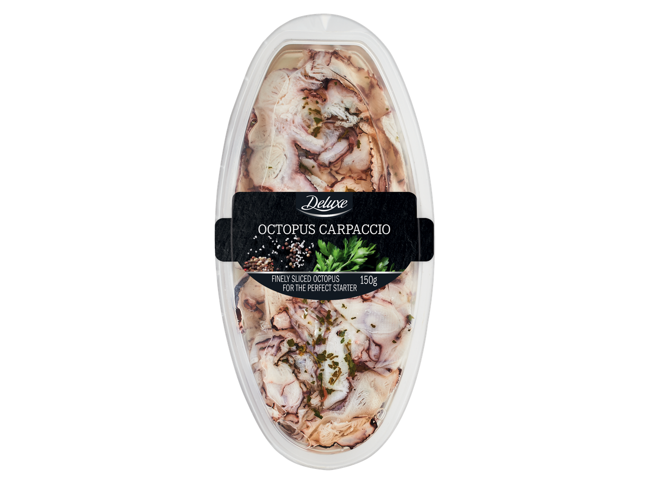 Deluxe kaheksajala karpaatso: õhukeselt viilutatud kaheksajalg plastikust anumas.