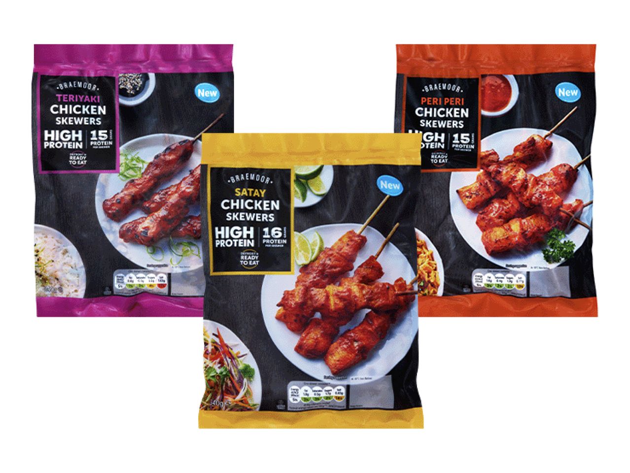 Three packages of Braemoor chicken skewers: Teriyaki, Satay, and Peri Peri flavors.