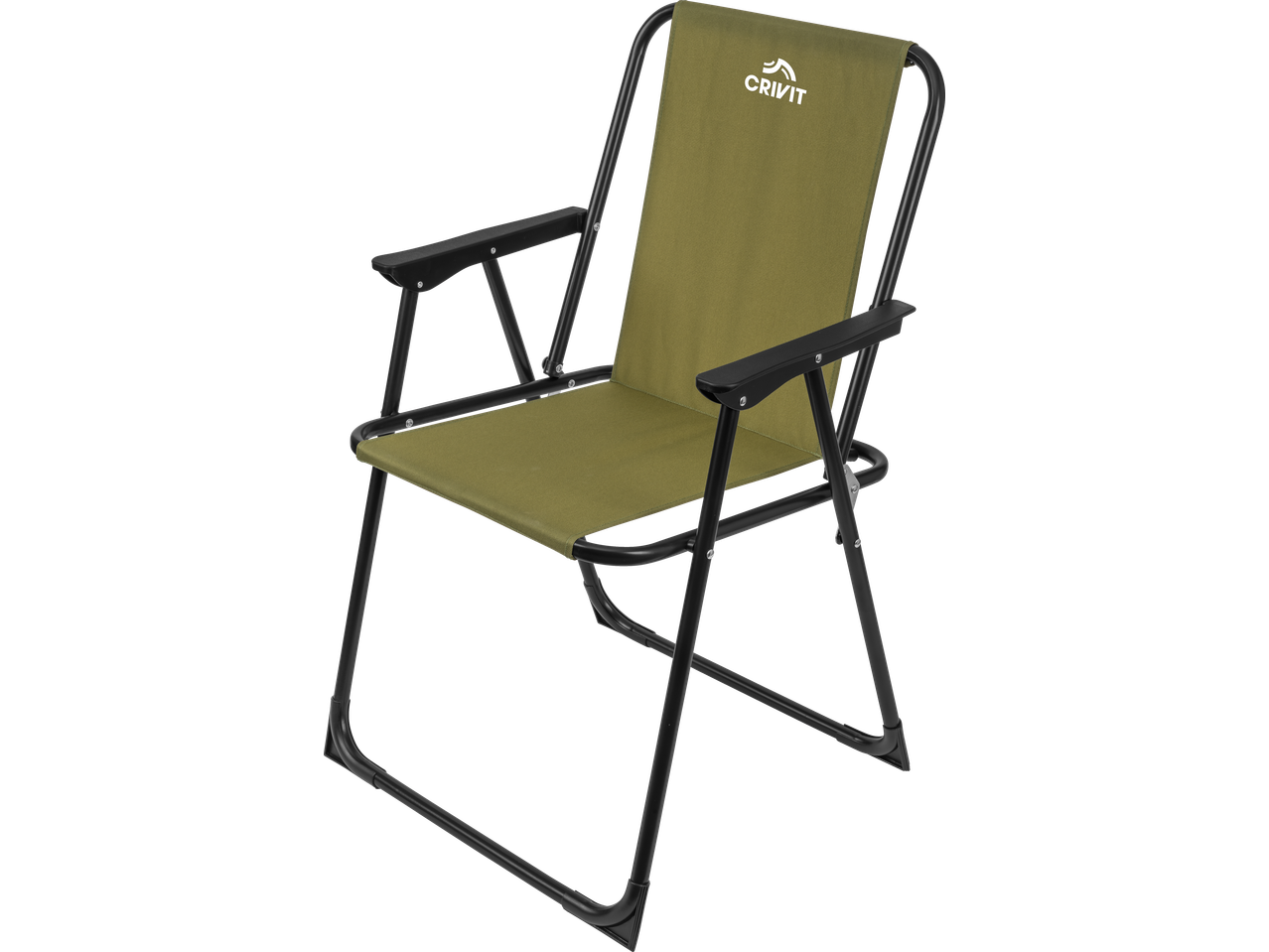Сгъваем къмпинг стол CRIVIT в маслено зелено с черна метална рамка.