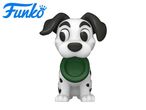 A white dog figurine with black ears and spots, wearing a green collar, with a logo in the corner.