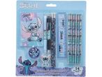 A Disney Stitch-themed school set including a notebook, pens, pencils, ruler, sharpener, and eraser.