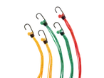 Five colorful bungee cords with hooks.