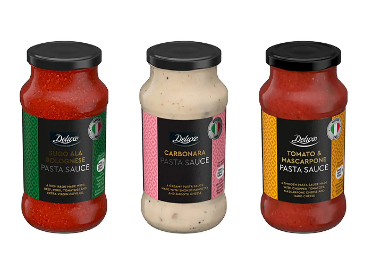 Three jars of pasta sauce: Bolognese, Carbonara, and Tomato & Mascarpone.