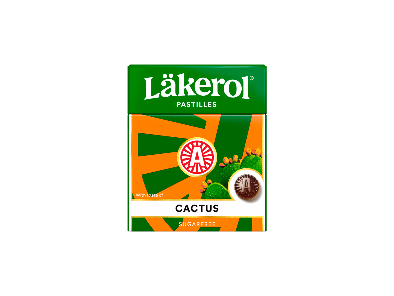 Sokerittomia kaktuksenmakuisia pastilleja vihreä-oranssissa rasiassa.