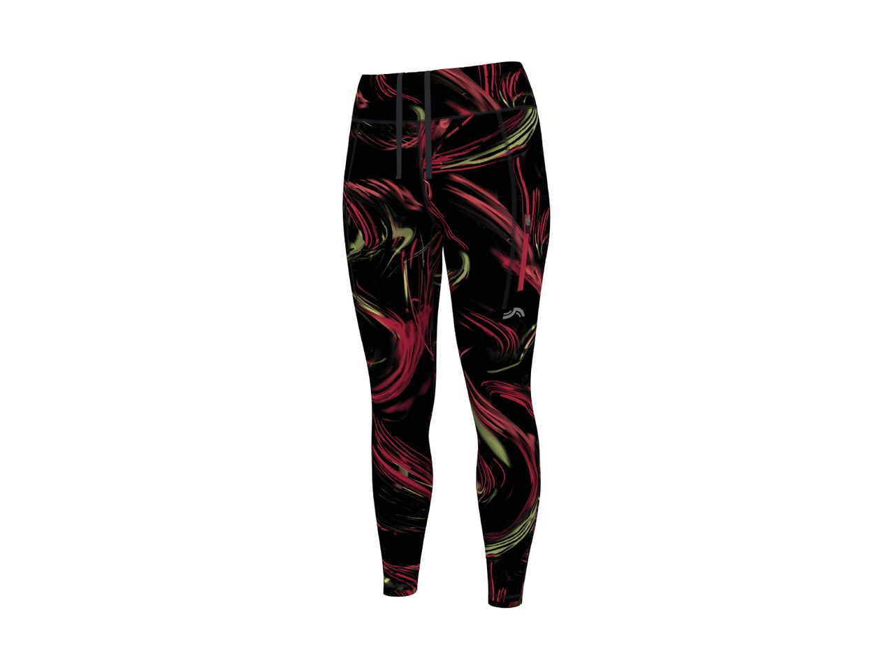Black leggings with a vibrant red and yellow abstract swirl pattern.